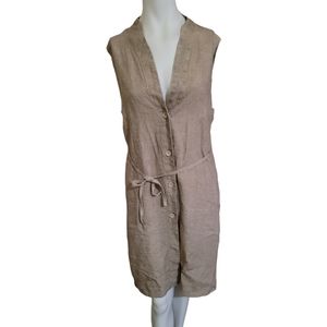 Oska medium sandy tan 100% linen deep v neckline knee length vest dress